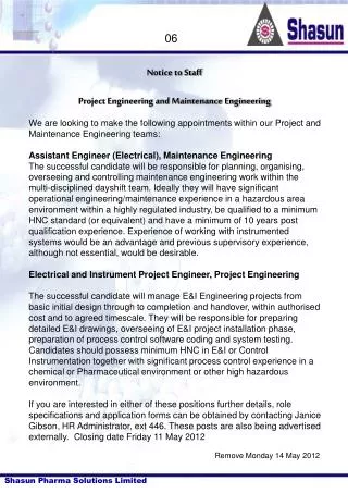 Notice to Staff Project Engineering and Maintenance Engineering