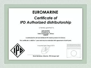 Certificate of IPD Authorized distributorship