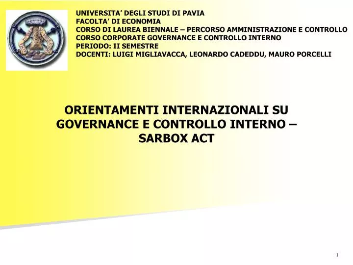 orientamenti internazionali su governance e controllo interno sarbox act
