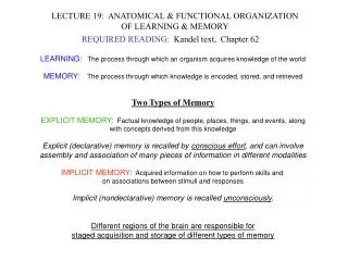 LECTURE 19: ANATOMICAL &amp; FUNCTIONAL ORGANIZATION OF LEARNING &amp; MEMORY