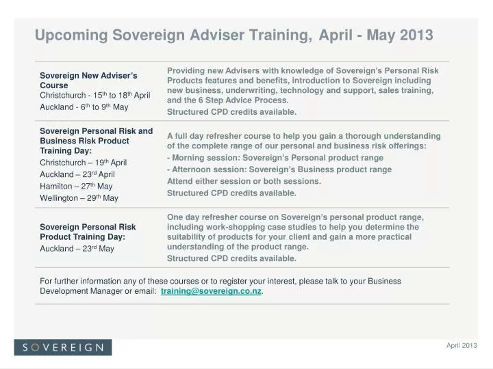 upcoming sovereign adviser training april may 2013