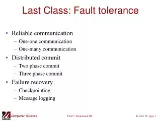 Last Class: Fault tolerance