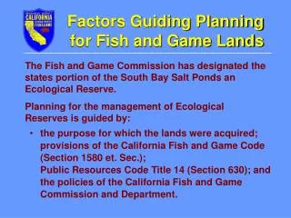 Factors Guiding Planning for Fish and Game Lands