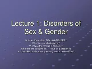 Lecture 1: Disorders of Sex &amp; Gender