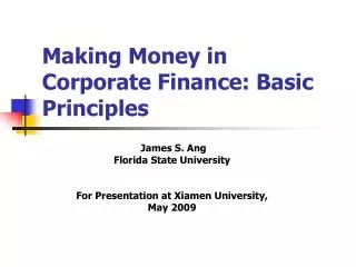 Making Money in Corporate Finance: Basic Principles