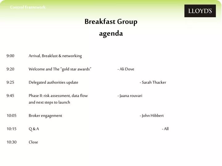 breakfast group agenda