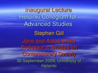 Inaugural Lecture Helsinki Collegium for Advanced Studies