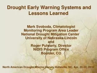 Drought Early Warning Systems and Lessons Learned