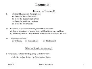 Review of Lecture 13 Standard Regression Assumptions: