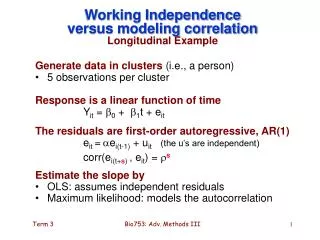 Working Independence versus modeling correlation Longitudinal Example