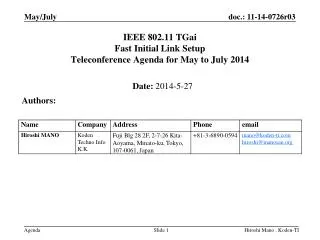 IEEE 802.11 TGai Fast Initial Link Setup Teleconference Agenda for May to July 2014