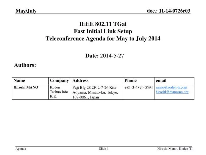 ieee 802 11 tgai fast initial link setup teleconference agenda for may to july 2014