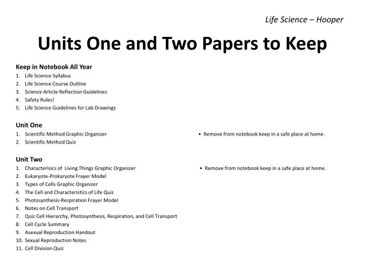 units one and two papers to keep