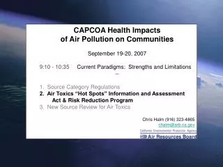 CAPCOA Health Impacts of Air Pollution on Communities September 19-20, 2007
