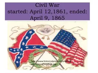 Civil War started: April 12,1861, ended: April 9, 1865