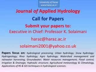 Journal of Applied Hydrology Call for Papers