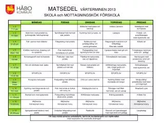 MATSEDEL VÅRTERMINEN 2013 SKOLA och MOTTAGNINGSKÖK FÖRSKOLA