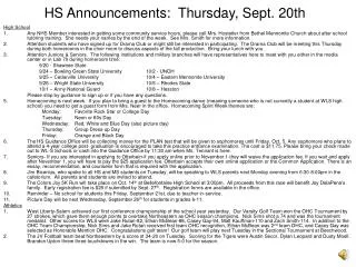 HS Announcements: Thursday, Sept. 20th