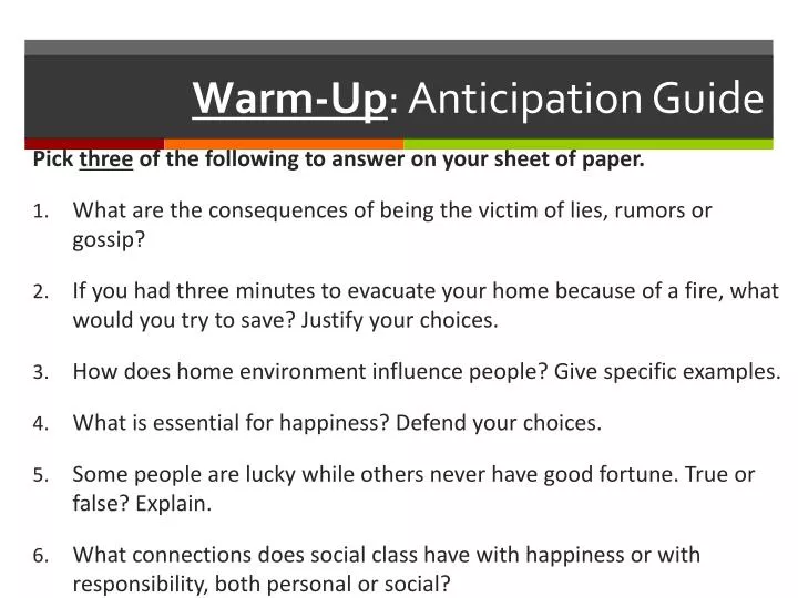 warm up anticipation guide