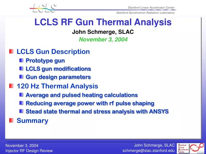 lcls rf gun thermal analysis john schmerge slac november 3 2004