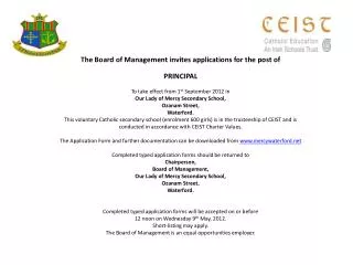 The Board of Management invites applications for the post of PRINCIPAL