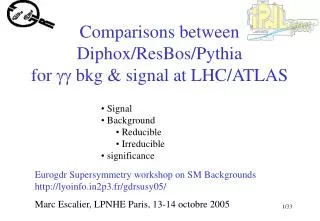 Comparisons between Diphox/ResBos/Pythia for gg bkg &amp; signal at LHC/ATLAS