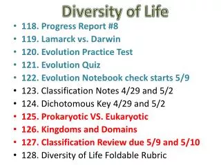 118. Progress Report #8 119. Lamarck vs. Darwin 120. Evolution Practice Test 121. Evolution Quiz