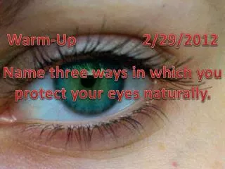 Warm-Up			2/29/2012 Name three ways in which you protect your eyes naturally.