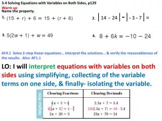 3.4 Solving Equations with Variables on Both Sides, p129 Warm up