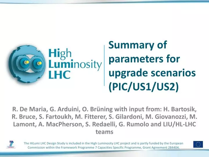 summary of parameters for upgrade scenarios pic us1 us2