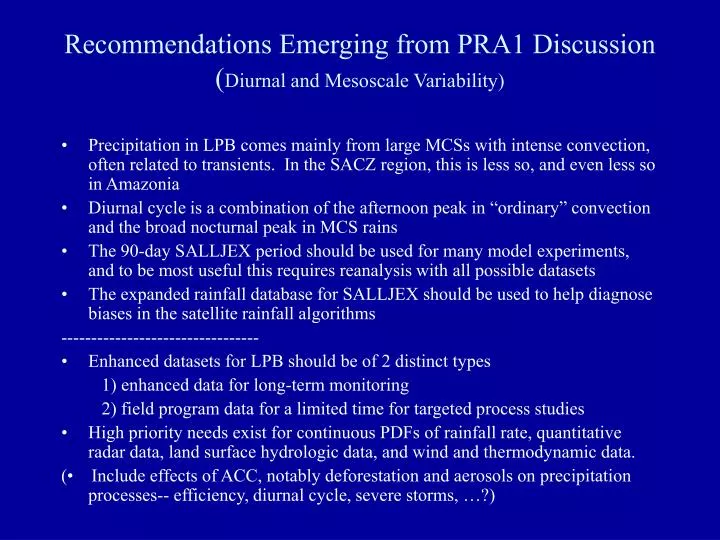 recommendations emerging from pra1 discussion diurnal and mesoscale variability