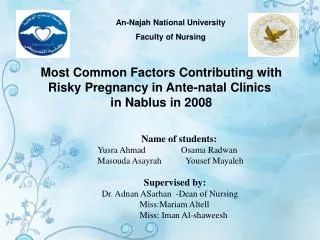 Most Common Factors Contributing with Risky Pregnancy in Ante-natal Clinics in Nablus in 2008
