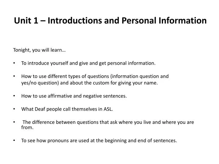 unit 1 introductions and personal information