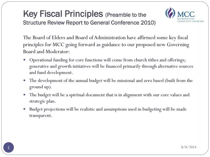 key fiscal principles preamble to the structure review report to general conference 2010