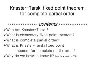 Knaster-Tarski fixed point theorem for complete partial order