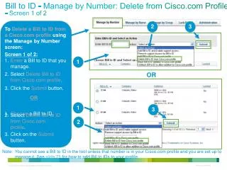 Bill to ID - Manage by Number: Delete from Cisco Profile - Screen 1 of 2