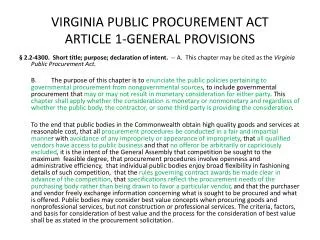 VIRGINIA PUBLIC PROCUREMENT ACT ARTICLE 1-GENERAL PROVISIONS