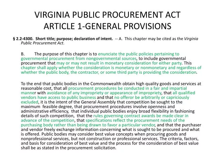 virginia public procurement act article 1 general provisions