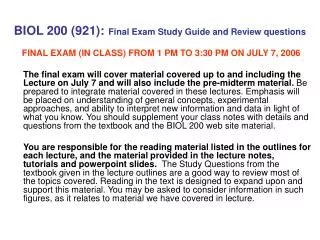BIOL 200 (921): Final Exam Study Guide and Review questions