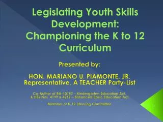 Legislating Youth Skills Development: Championing the K to 12 Curriculum