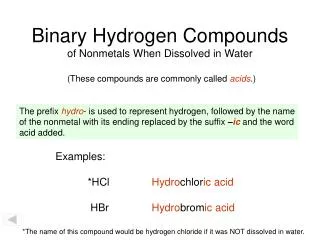 Binary Hydrogen Compounds of Nonmetals When Dissolved in Water