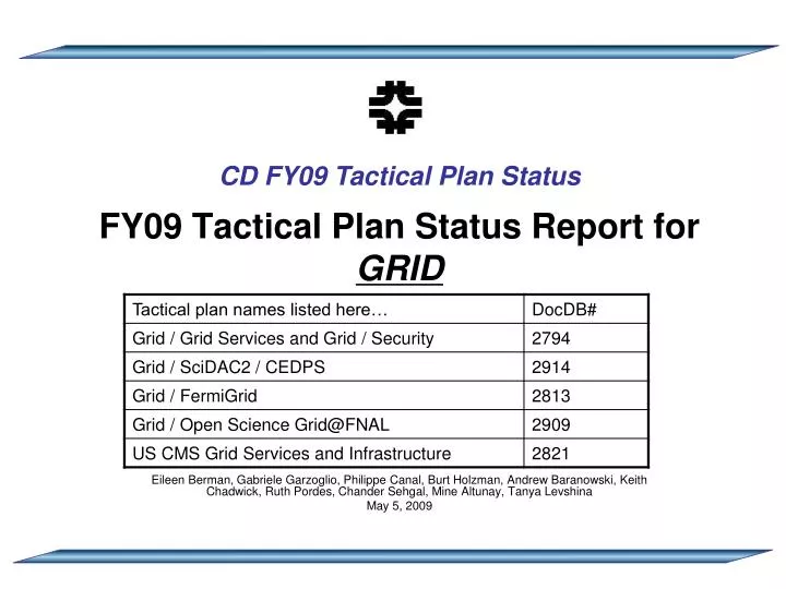 fy09 tactical plan status report for grid