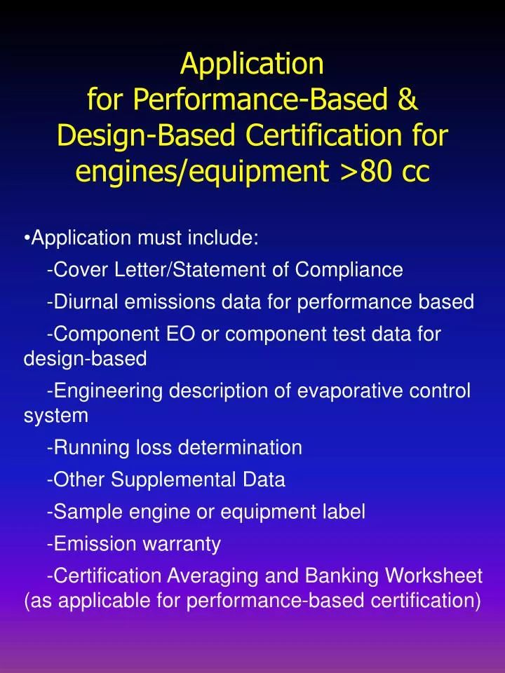 application for performance based design based certification for engines equipment 80 cc