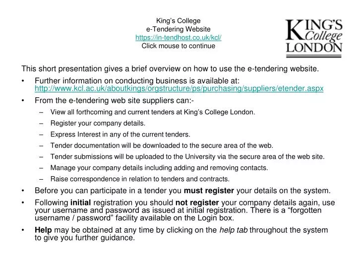 king s college e tendering website https in tendhost co uk kcl click mouse to continue