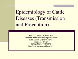 Epidemiology of Cattle Diseases (Transmission and Prevention)