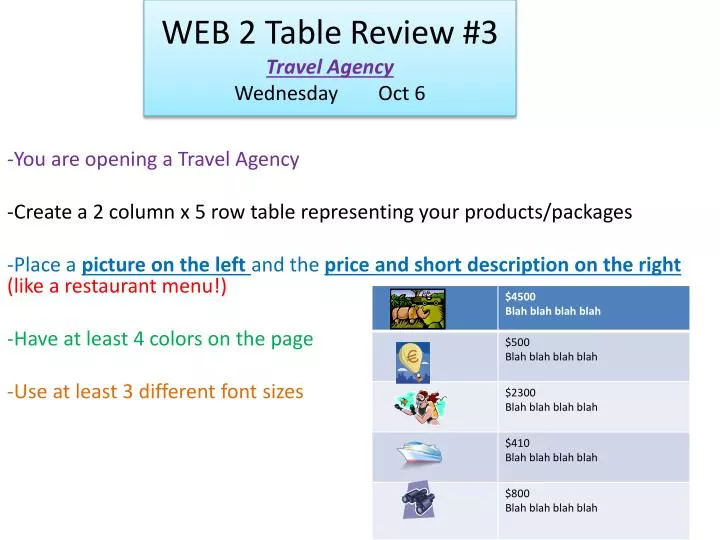 web 2 table review 3 travel agency wednesday oct 6