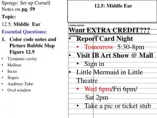 Sponge: Set up Cornell Notes on pg. 59 Topic: 12.5: Middle Ear Essential Questions :