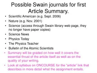 Possible Swain journals for first Article Summary.