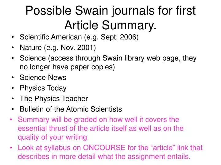 possible swain journals for first article summary