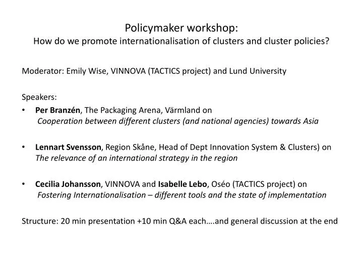 policymaker workshop how do we promote internationalisation of clusters and cluster policies